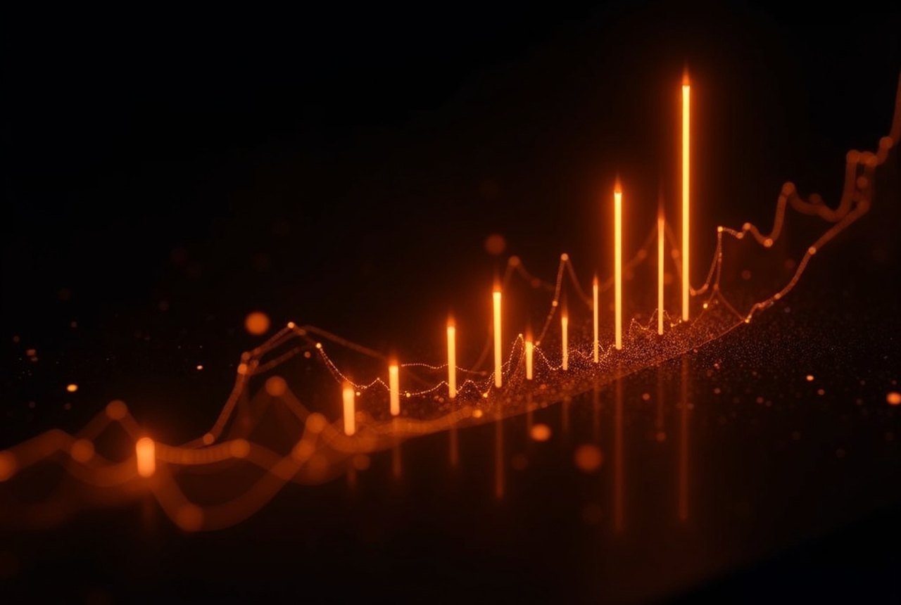 Abstract amber visualisation of ranked network data usage as descending bars on dark background